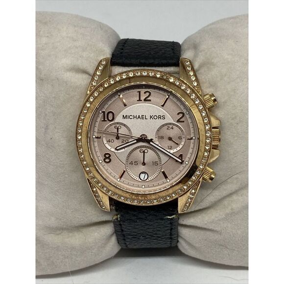 Michael Kors Blair MK-5943 Women's Black Leather Analog Dial Quartz Watch WFH92 - Picture 1 of 12